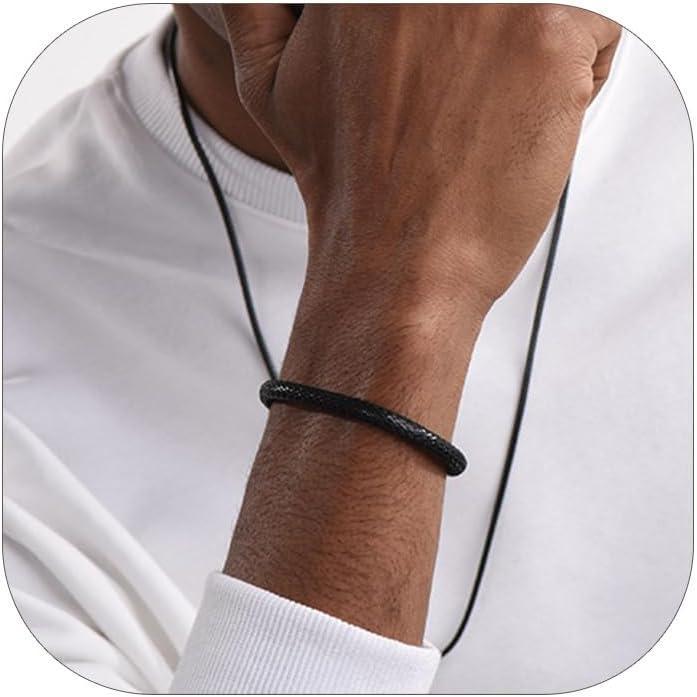 imageChainsHouse Personalized Mens Leather Wrist Cuff Bracelets with Custom Beads Waterproof Wax Rope Braided Cord Bracelet Engraved with Names for Men Women 787 inch Length Send Gift BoxB BlackCustom