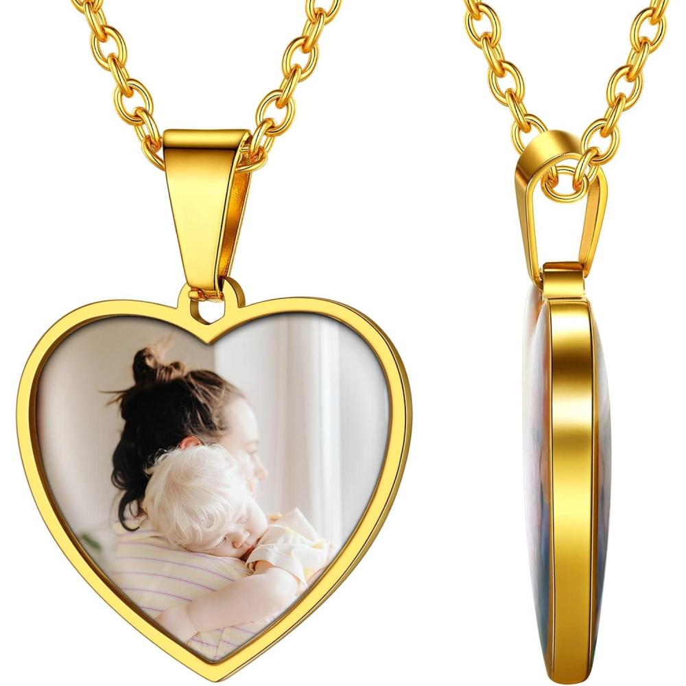 imageChainsHouse Personalized Photo Necklace Men Women Stainless Steel18K Gold Plated Chain Custom Picture Image Engrave Text RectangularHeartOvalDogtag Pendant DIY Memorial JewelrySend Gift BoxO Heart 2 sided PhotosGold