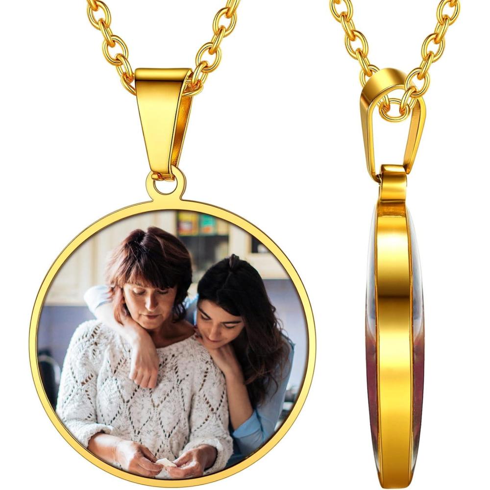 imageChainsHouse Personalized Photo Necklace Men Women Stainless Steel18K Gold Plated Chain Custom Picture Image Engrave Text RectangularHeartOvalDogtag Pendant DIY Memorial JewelrySend Gift BoxP Round 2 sided PhotosGold