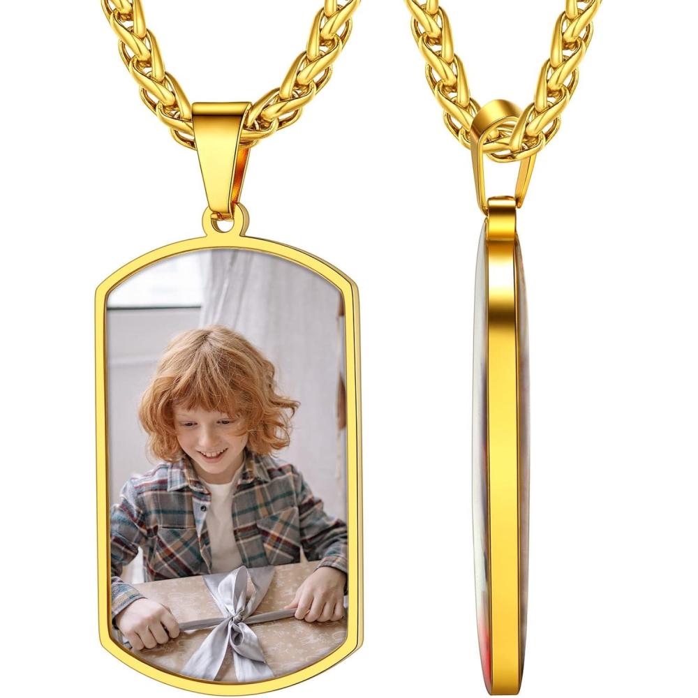 imageChainsHouse Personalized Photo Necklace Men Women Stainless Steel18K Gold Plated Chain Custom Picture Image Engrave Text RectangularHeartOvalDogtag Pendant DIY Memorial JewelrySend Gift BoxQ Military Tag 2 sided PhotosGold
