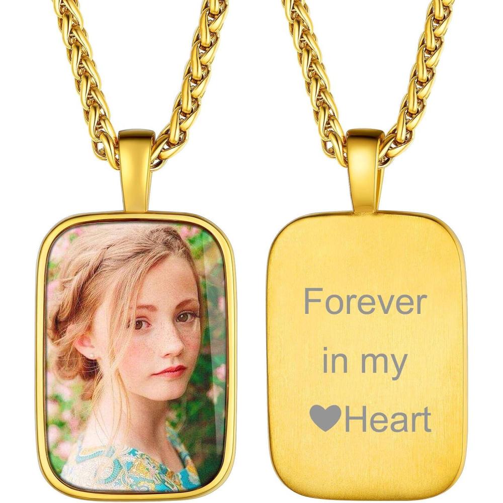 imageChainsHouse Personalized Photo Necklace Men Women Stainless Steel18K Gold Plated Chain Custom Picture Image Engrave Text RectangularHeartOvalDogtag Pendant DIY Memorial JewelrySend Gift BoxF RectangleGold