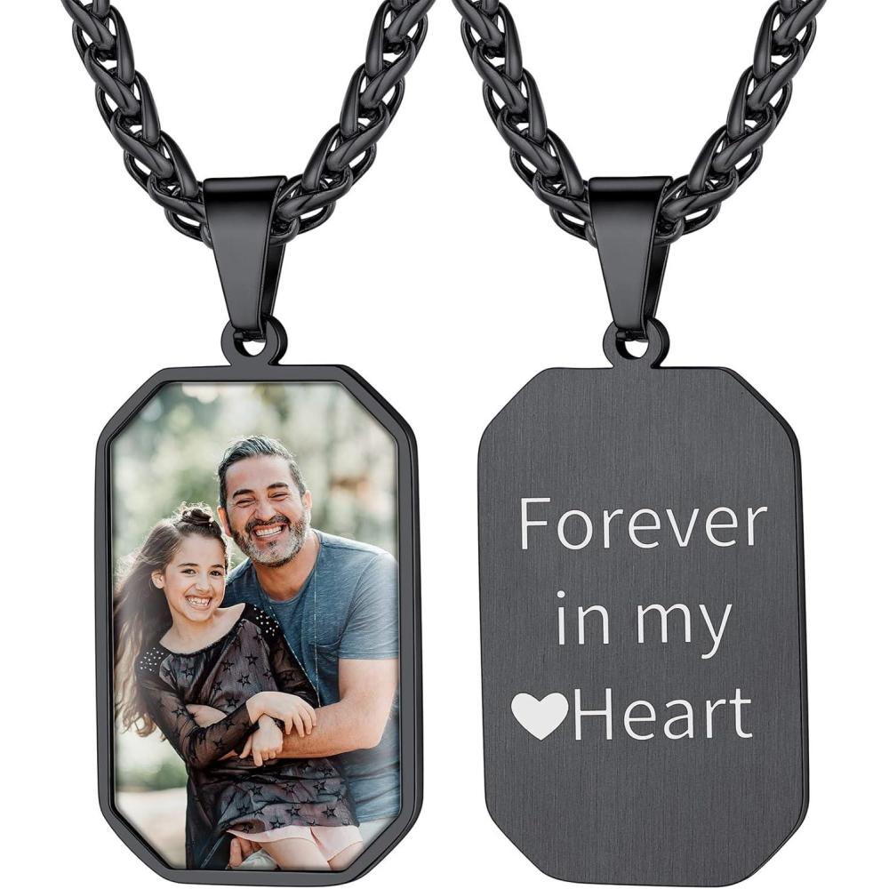 imageChainsHouse Personalized Photo Necklace Men Women Stainless Steel18K Gold Plated Chain Custom Picture Image Engrave Text RectangularHeartOvalDogtag Pendant DIY Memorial JewelrySend Gift BoxN Octagon Tag PhotoTextBlack