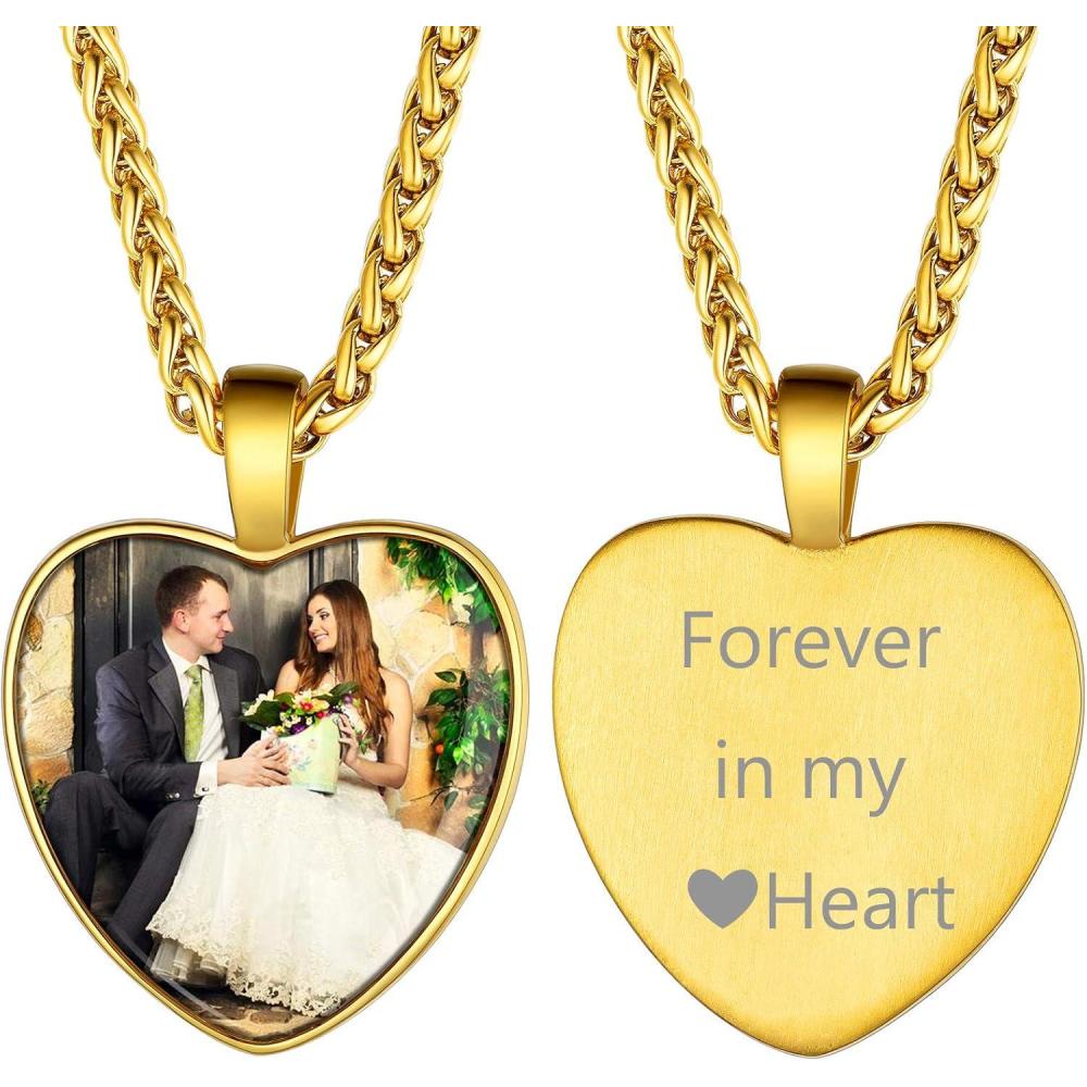 imageChainsHouse Personalized Photo Necklace Men Women Stainless Steel18K Gold Plated Chain Custom Picture Image Engrave Text RectangularHeartOvalDogtag Pendant DIY Memorial JewelrySend Gift BoxB HeartGold