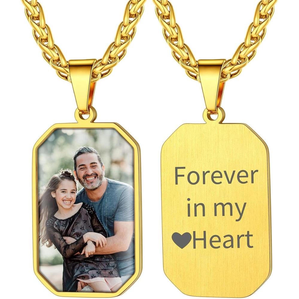 imageChainsHouse Personalized Photo Necklace Men Women Stainless Steel18K Gold Plated Chain Custom Picture Image Engrave Text RectangularHeartOvalDogtag Pendant DIY Memorial JewelrySend Gift BoxN Octagon Tag PhotoTextGold