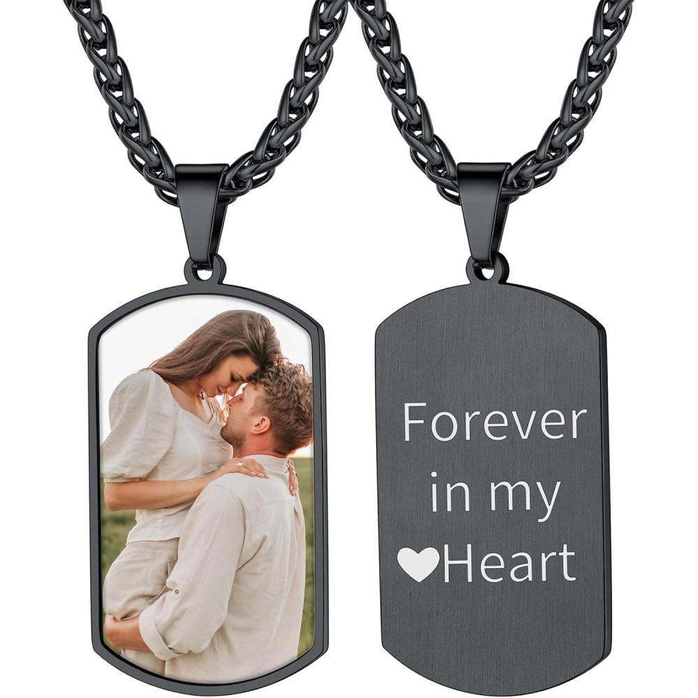 imageChainsHouse Personalized Photo Necklace Men Women Stainless Steel18K Gold Plated Chain Custom Picture Image Engrave Text RectangularHeartOvalDogtag Pendant DIY Memorial JewelrySend Gift BoxM Military Tag PhotoTextBlack