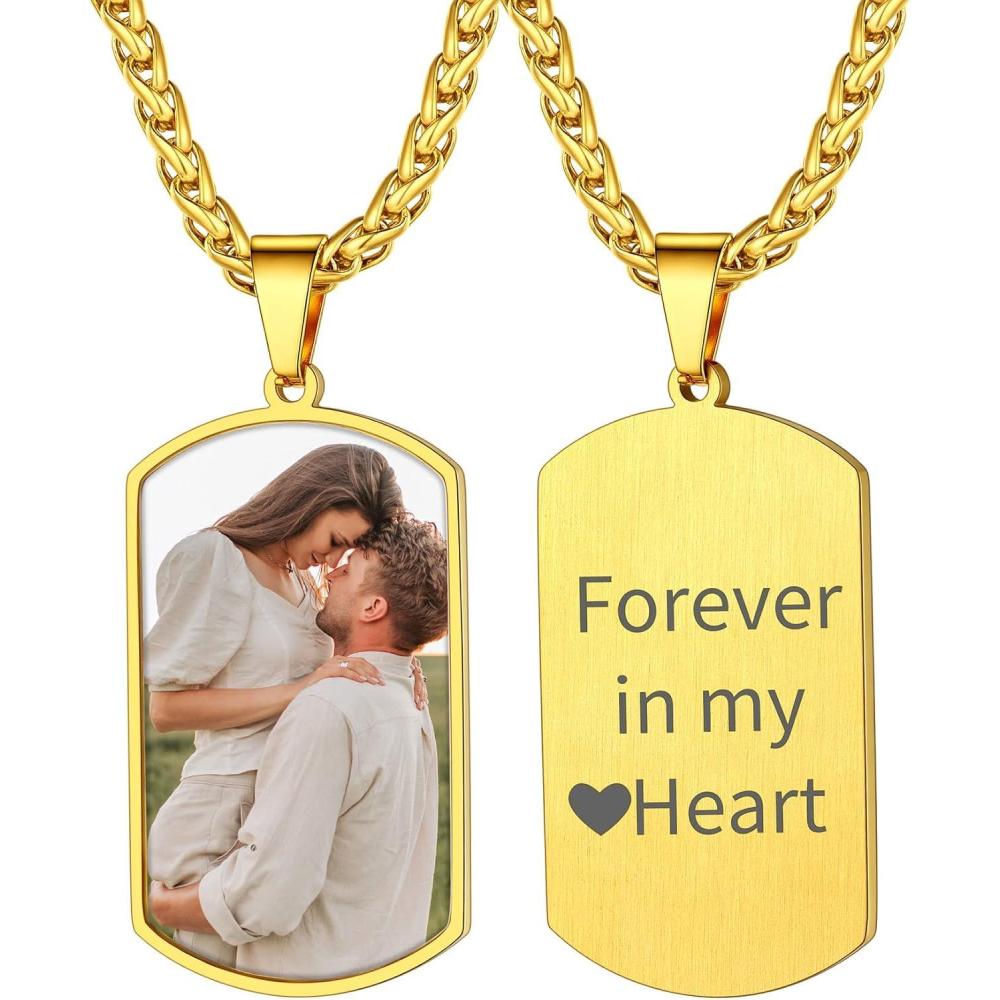 imageChainsHouse Personalized Photo Necklace Men Women Stainless Steel18K Gold Plated Chain Custom Picture Image Engrave Text RectangularHeartOvalDogtag Pendant DIY Memorial JewelrySend Gift BoxM Military Tag PhotoTextGold