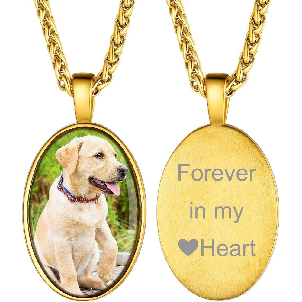 imageChainsHouse Personalized Photo Necklace Men Women Stainless Steel18K Gold Plated Chain Custom Picture Image Engrave Text RectangularHeartOvalDogtag Pendant DIY Memorial JewelrySend Gift BoxC OvalGold
