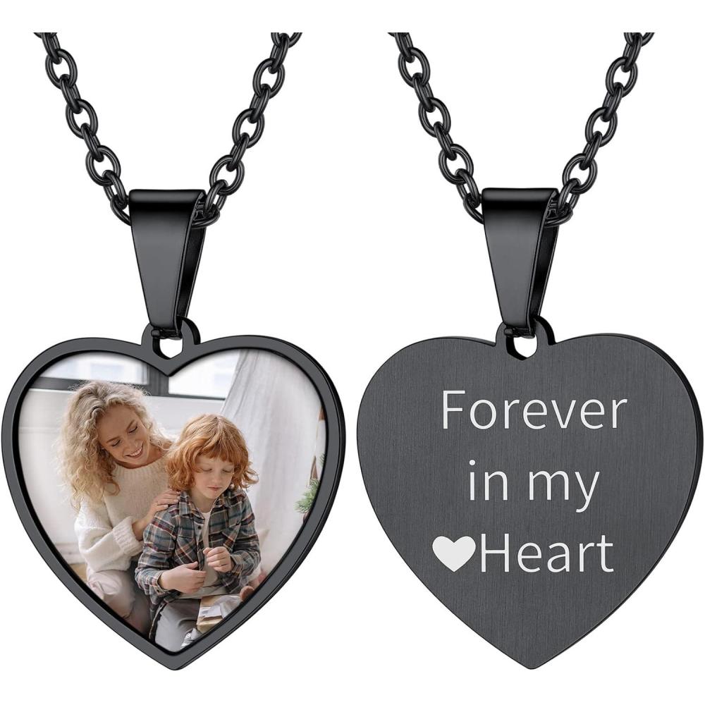 imageChainsHouse Personalized Photo Necklace Men Women Stainless Steel18K Gold Plated Chain Custom Picture Image Engrave Text RectangularHeartOvalDogtag Pendant DIY Memorial JewelrySend Gift BoxK Heart PhotoTextBlack