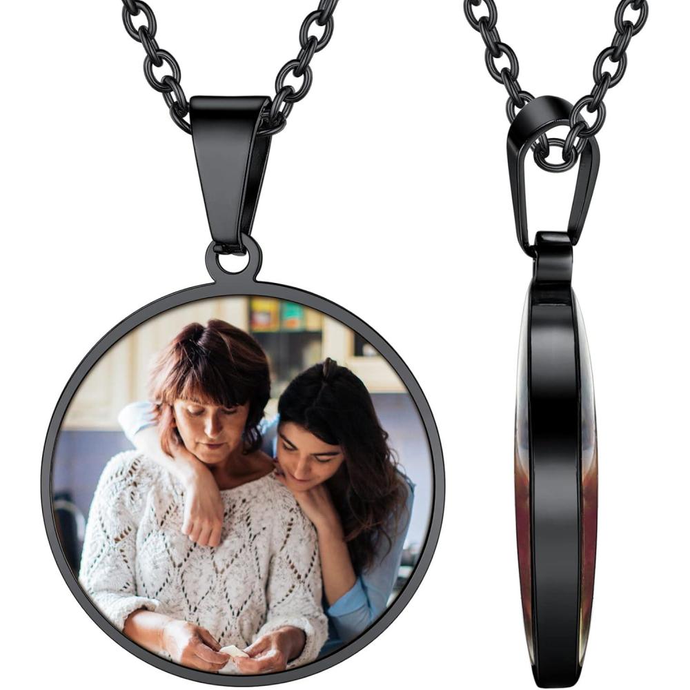 imageChainsHouse Personalized Photo Necklace Men Women Stainless Steel18K Gold Plated Chain Custom Picture Image Engrave Text RectangularHeartOvalDogtag Pendant DIY Memorial JewelrySend Gift BoxP Round 2 sided PhotosBlack