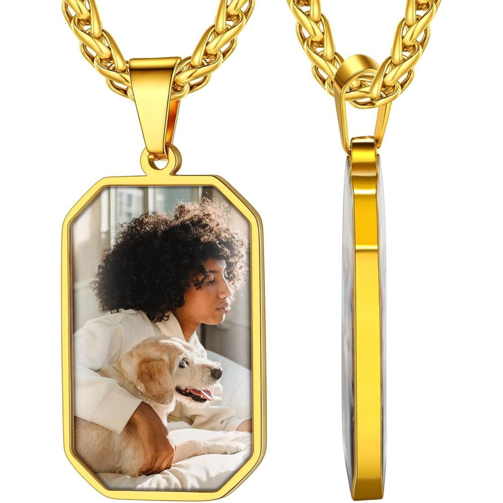 imageChainsHouse Personalized Photo Necklace Men Women Stainless Steel18K Gold Plated Chain Custom Picture Image Engrave Text RectangularHeartOvalDogtag Pendant DIY Memorial JewelrySend Gift BoxR Octagon Tag 2 sided PhotosGold