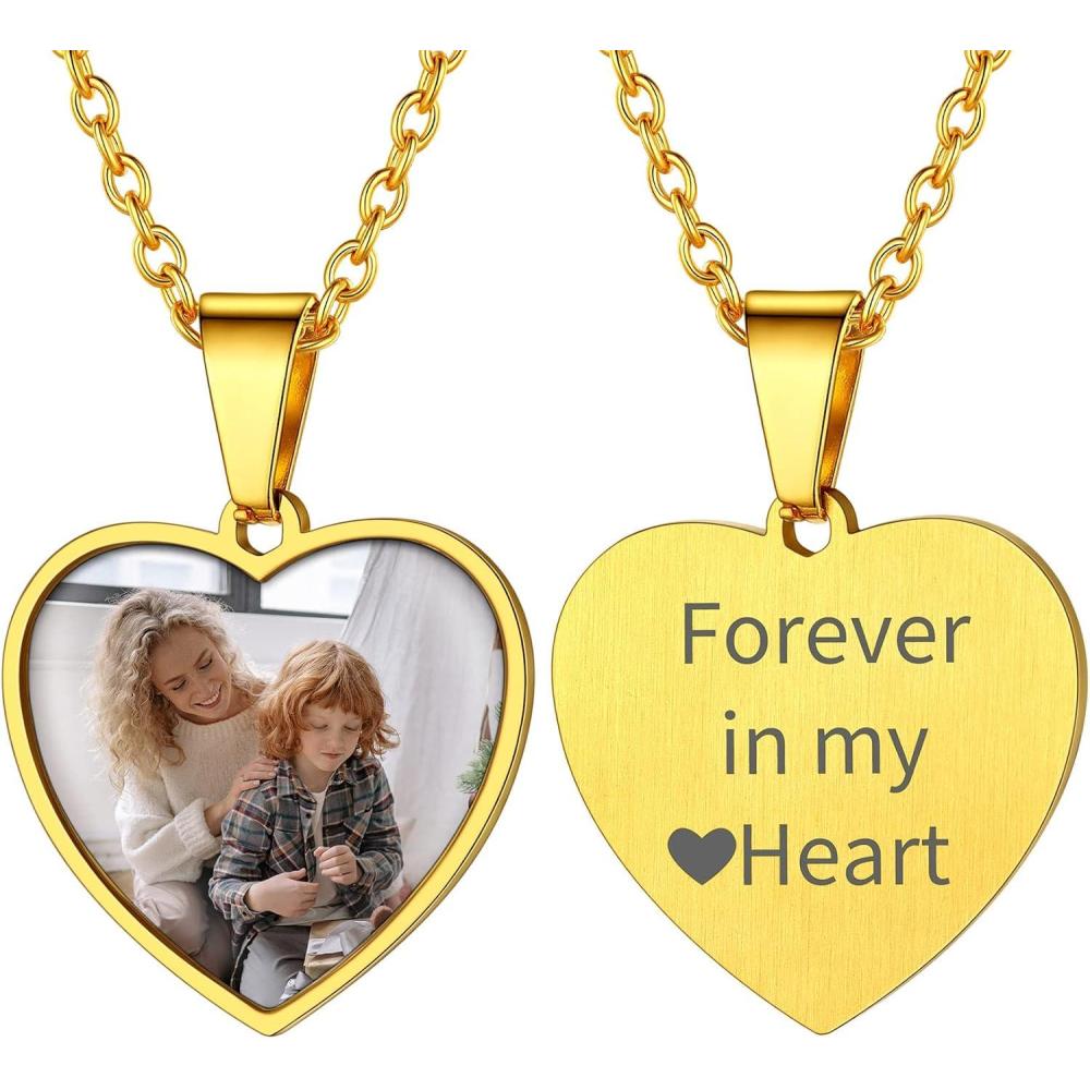 imageChainsHouse Personalized Photo Necklace Men Women Stainless Steel18K Gold Plated Chain Custom Picture Image Engrave Text RectangularHeartOvalDogtag Pendant DIY Memorial JewelrySend Gift BoxK Heart PhotoTextGold