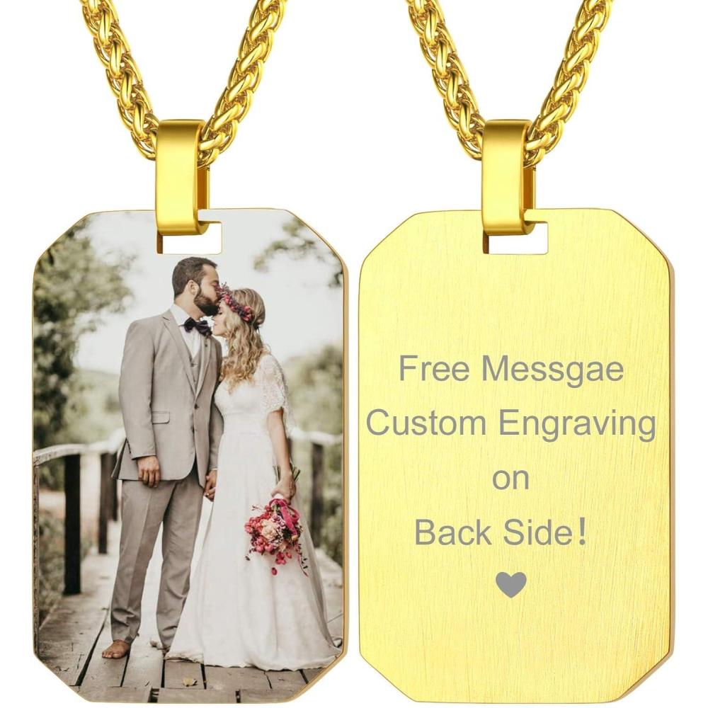 imageChainsHouse Personalized Photo Necklace Men Women Stainless Steel18K Gold Plated Chain Custom Picture Image Engrave Text RectangularHeartOvalDogtag Pendant DIY Memorial JewelrySend Gift BoxE Octagonal TagGold