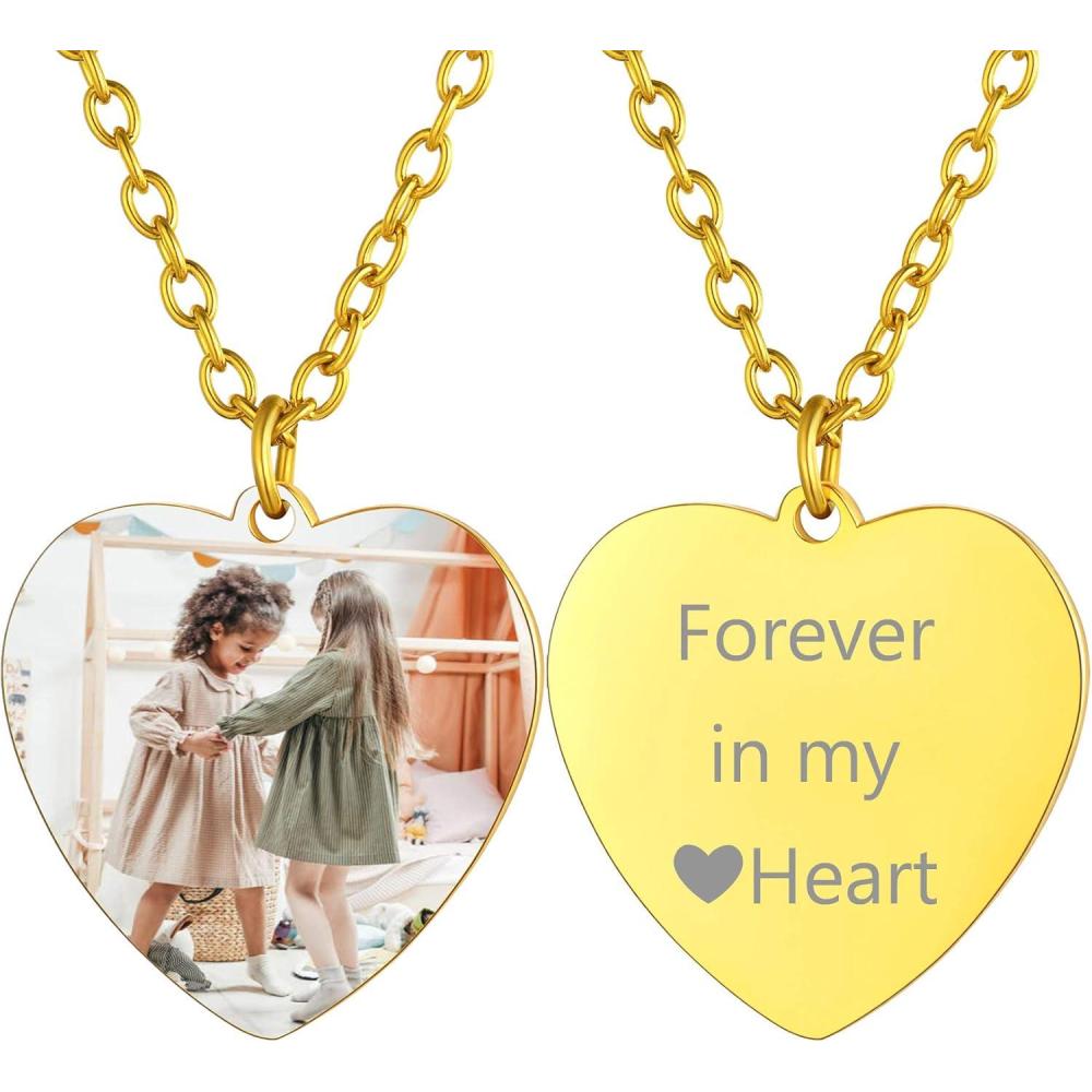 imageChainsHouse Personalized Photo Necklace Men Women Stainless Steel18K Gold Plated Chain Custom Picture Image Engrave Text RectangularHeartOvalDogtag Pendant DIY Memorial JewelrySend Gift BoxA Heart TagGold