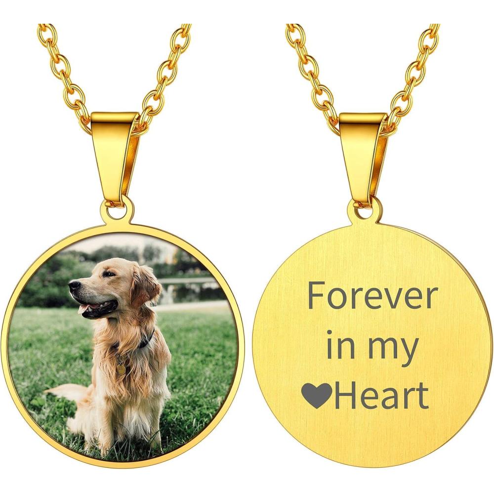 imageChainsHouse Personalized Photo Necklace Men Women Stainless Steel18K Gold Plated Chain Custom Picture Image Engrave Text RectangularHeartOvalDogtag Pendant DIY Memorial JewelrySend Gift BoxL Round Shape  PhotoTextGold