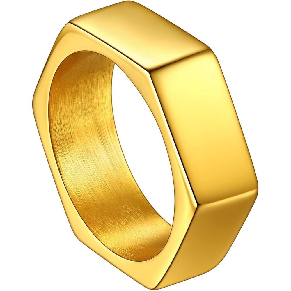 imageChainsHouse Screw Band Biker Ring for Men Women Black Metal18K Gold Plated Stainless Steel Jewelry Hexagon Geometric Ring Size 714with Gift BoxcGold