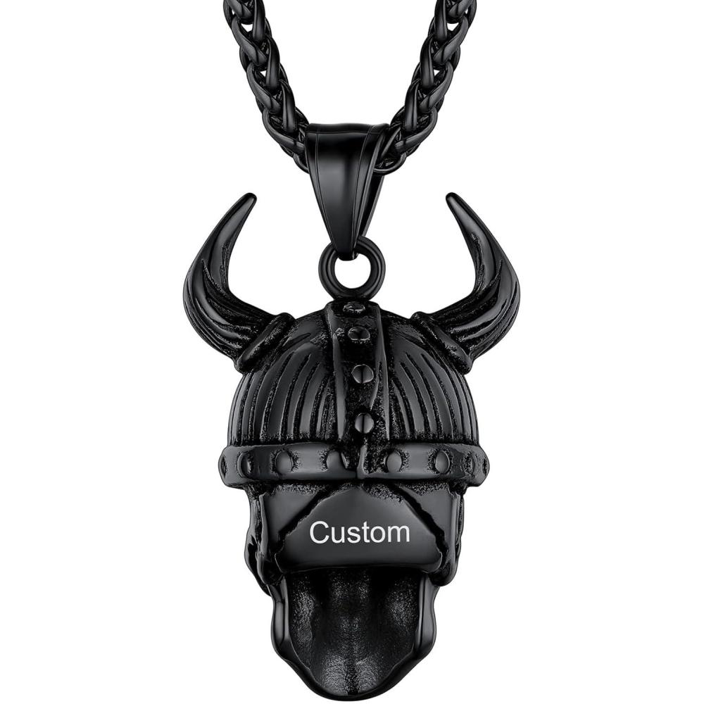 imageChainsHouse Skull Necklace for Men Retro Gothic Punk Jewelry Biker Necklace for Men Women Free Engraving Stainless Steel Dog Tag Pendant Necklacewith Gift Box06 Odin HelmetBlack