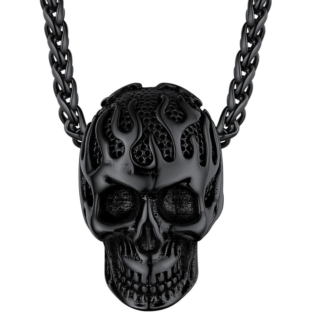imageChainsHouse Skull Necklace for Men Retro Gothic Punk Jewelry Biker Necklace for Men Women Free Engraving Stainless Steel Dog Tag Pendant Necklacewith Gift Box01 Flame Black
