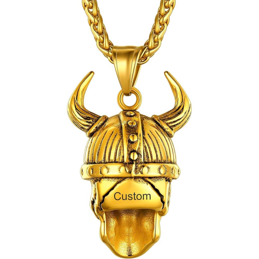 imageChainsHouse Skull Necklace for Men Retro Gothic Punk Jewelry Biker Necklace for Men Women Free Engraving Stainless Steel Dog Tag Pendant Necklacewith Gift Box06 Odin HelmetGold