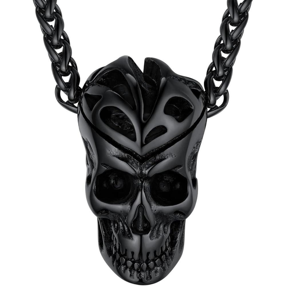 imageChainsHouse Skull Necklace for Men Retro Gothic Punk Jewelry Biker Necklace for Men Women Free Engraving Stainless Steel Dog Tag Pendant Necklacewith Gift Box04 Skull HeadBlack