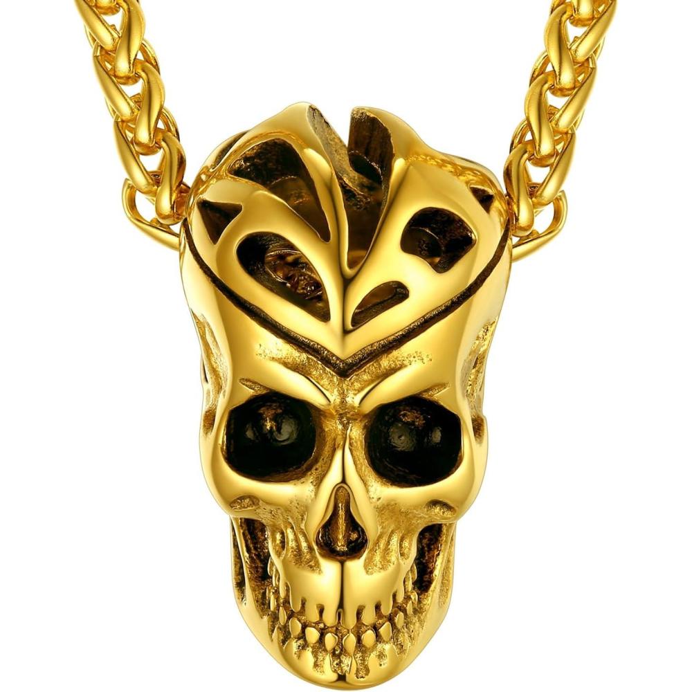 imageChainsHouse Skull Necklace for Men Retro Gothic Punk Jewelry Biker Necklace for Men Women Free Engraving Stainless Steel Dog Tag Pendant Necklacewith Gift Box04 Skull HeadGold