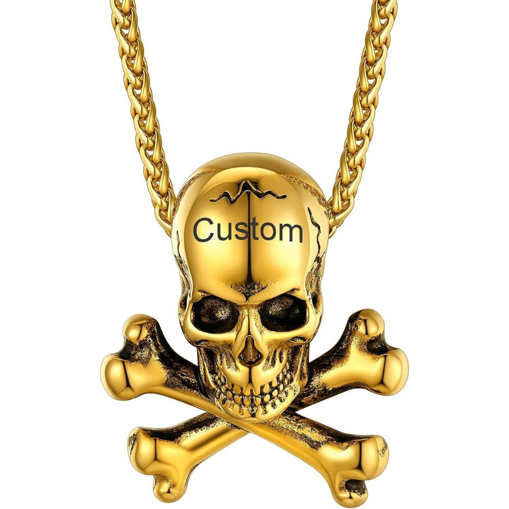 imageChainsHouse Skull Necklace for Men Retro Gothic Punk Jewelry Biker Necklace for Men Women Free Engraving Stainless Steel Dog Tag Pendant Necklacewith Gift Box02 CrossboneGold