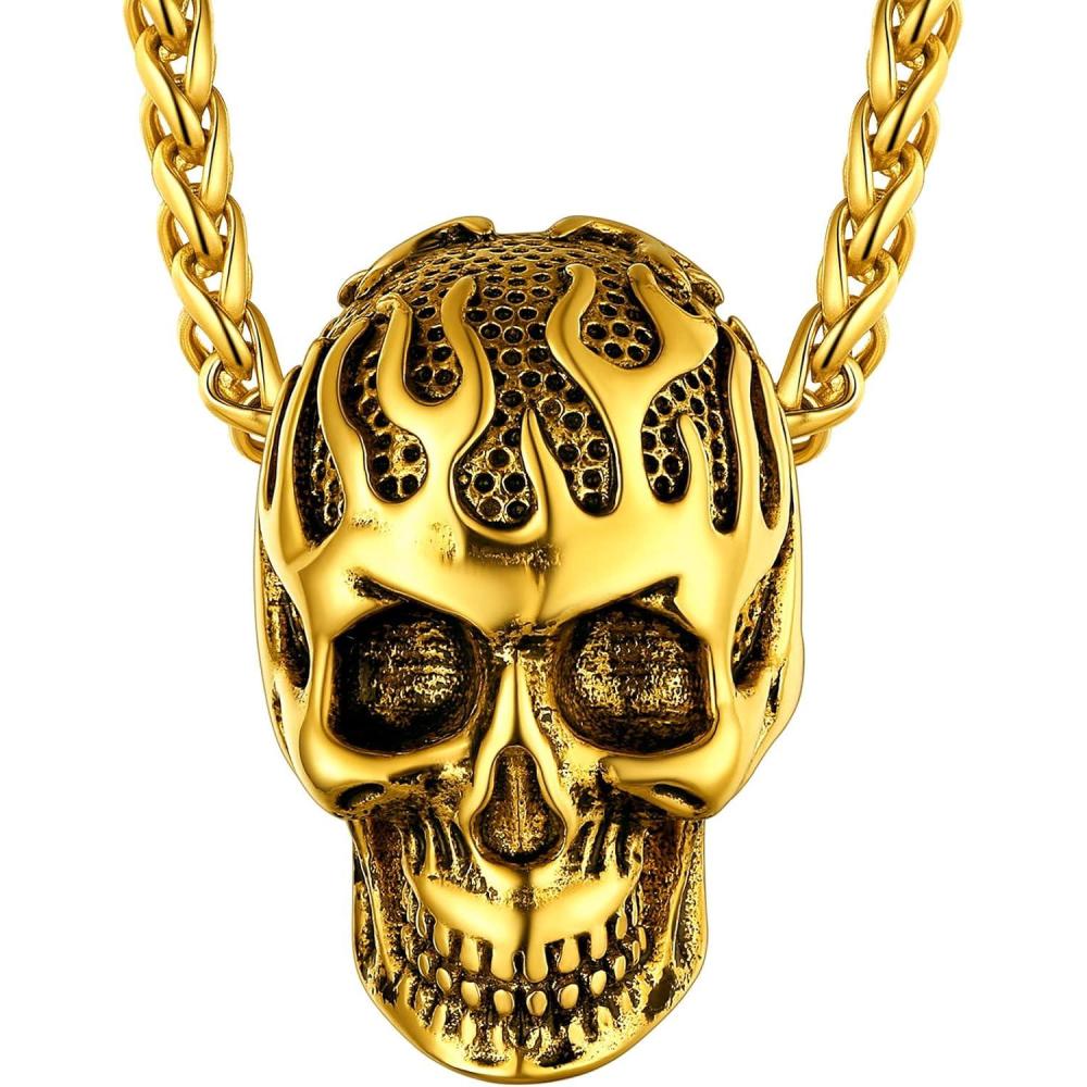 imageChainsHouse Skull Necklace for Men Retro Gothic Punk Jewelry Biker Necklace for Men Women Free Engraving Stainless Steel Dog Tag Pendant Necklacewith Gift Box01 Flame Gold