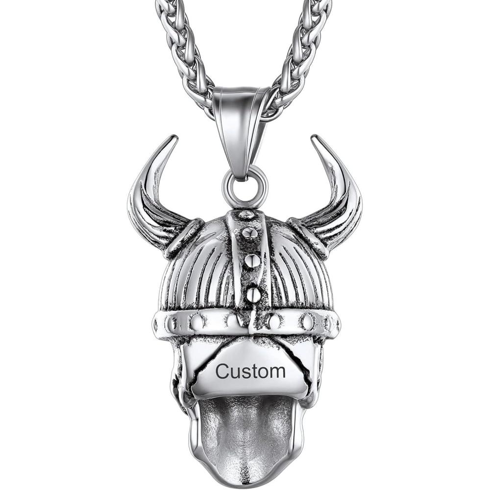 imageChainsHouse Skull Necklace for Men Retro Gothic Punk Jewelry Biker Necklace for Men Women Free Engraving Stainless Steel Dog Tag Pendant Necklacewith Gift Box06 Odin HelmetSteel