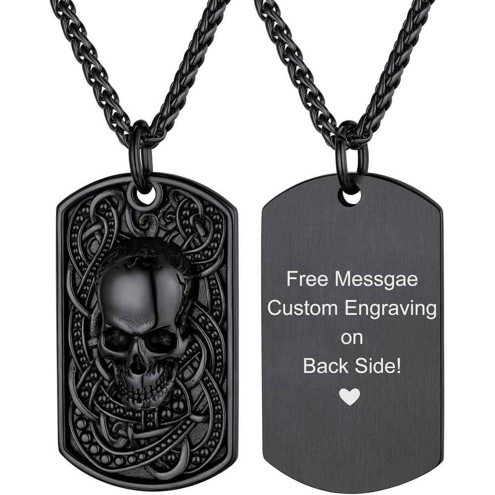 imageChainsHouse Skull Necklace for Men Retro Gothic Punk Jewelry Biker Necklace for Men Women Free Engraving Stainless Steel Dog Tag Pendant Necklacewith Gift Box03 DogtagBlack
