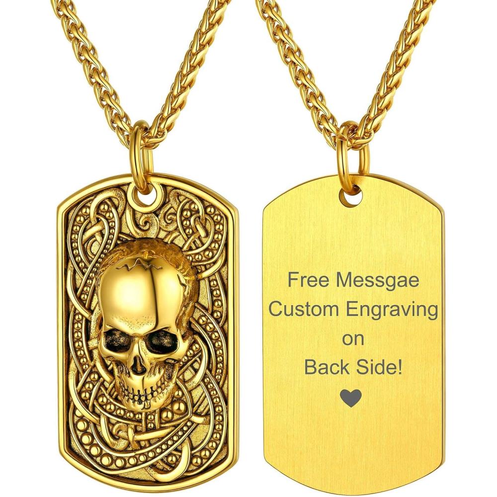 imageChainsHouse Skull Necklace for Men Retro Gothic Punk Jewelry Biker Necklace for Men Women Free Engraving Stainless Steel Dog Tag Pendant Necklacewith Gift Box03 DogtagGold
