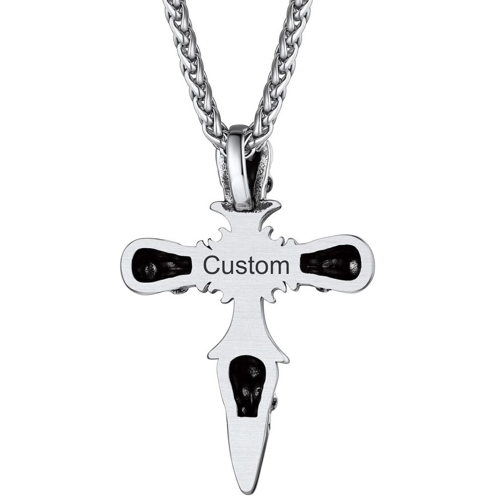imageChainsHouse Skull Necklace for Men Retro Gothic Punk Jewelry Biker Necklace for Men Women Free Engraving Stainless Steel Dog Tag Pendant Necklacewith Gift Box07 Cross Steel