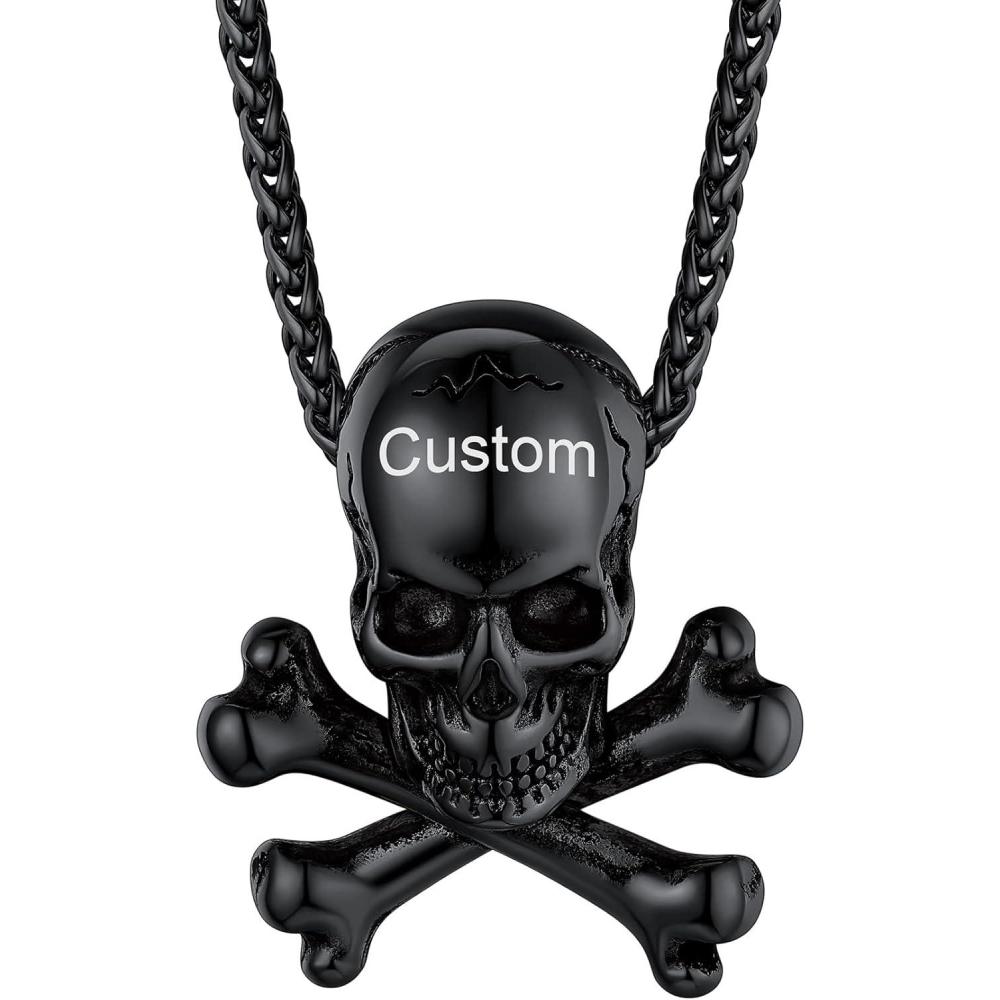 imageChainsHouse Skull Necklace for Men Retro Gothic Punk Jewelry Biker Necklace for Men Women Free Engraving Stainless Steel Dog Tag Pendant Necklacewith Gift Box02 CrossboneBlack
