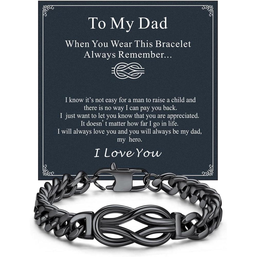 imageChainsHouse Square Love Knot Bracelets for Men Braided Leather Stainless Steel Infinity Bracelets with Love Message Card Aniversary Birthday Gift for MenLoveHusbandDad21To My DadBlack