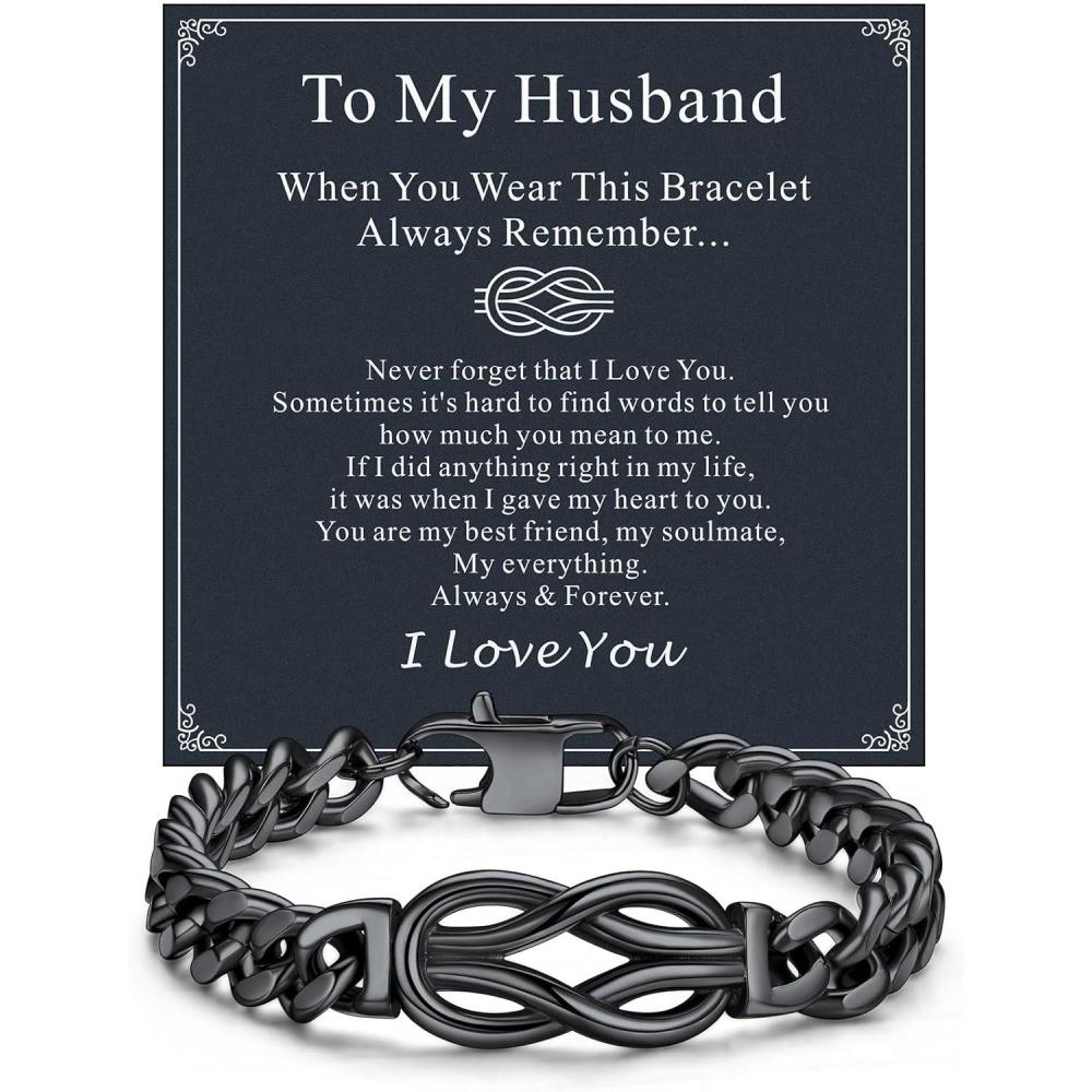 imageChainsHouse Square Love Knot Bracelets for Men Braided Leather Stainless Steel Infinity Bracelets with Love Message Card Aniversary Birthday Gift for MenLoveHusbandDad17To My HusbandBlack