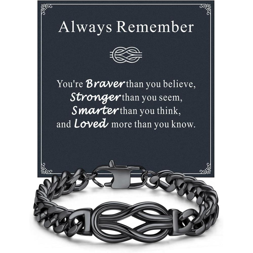 imageChainsHouse Square Love Knot Bracelets for Men Braided Leather Stainless Steel Infinity Bracelets with Love Message Card Aniversary Birthday Gift for MenLoveHusbandDad20Always RememberBlack