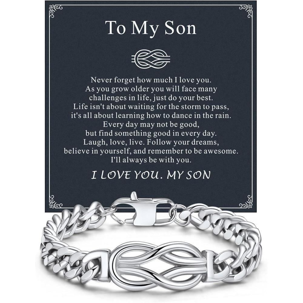 imageChainsHouse Square Love Knot Bracelets for Men Braided Leather Stainless Steel Infinity Bracelets with Love Message Card Aniversary Birthday Gift for MenLoveHusbandDad11To My SonSteel
