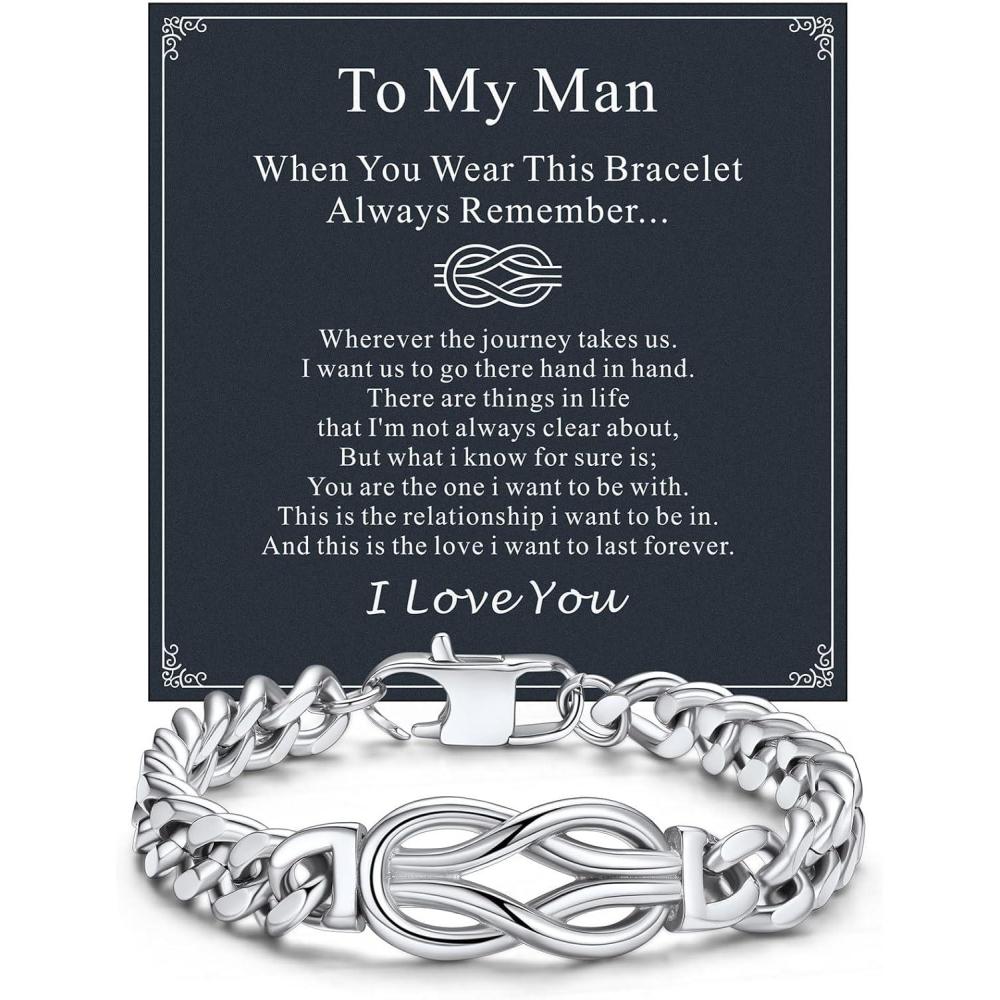 imageChainsHouse Square Love Knot Bracelets for Men Braided Leather Stainless Steel Infinity Bracelets with Love Message Card Aniversary Birthday Gift for MenLoveHusbandDad09To My ManSteel