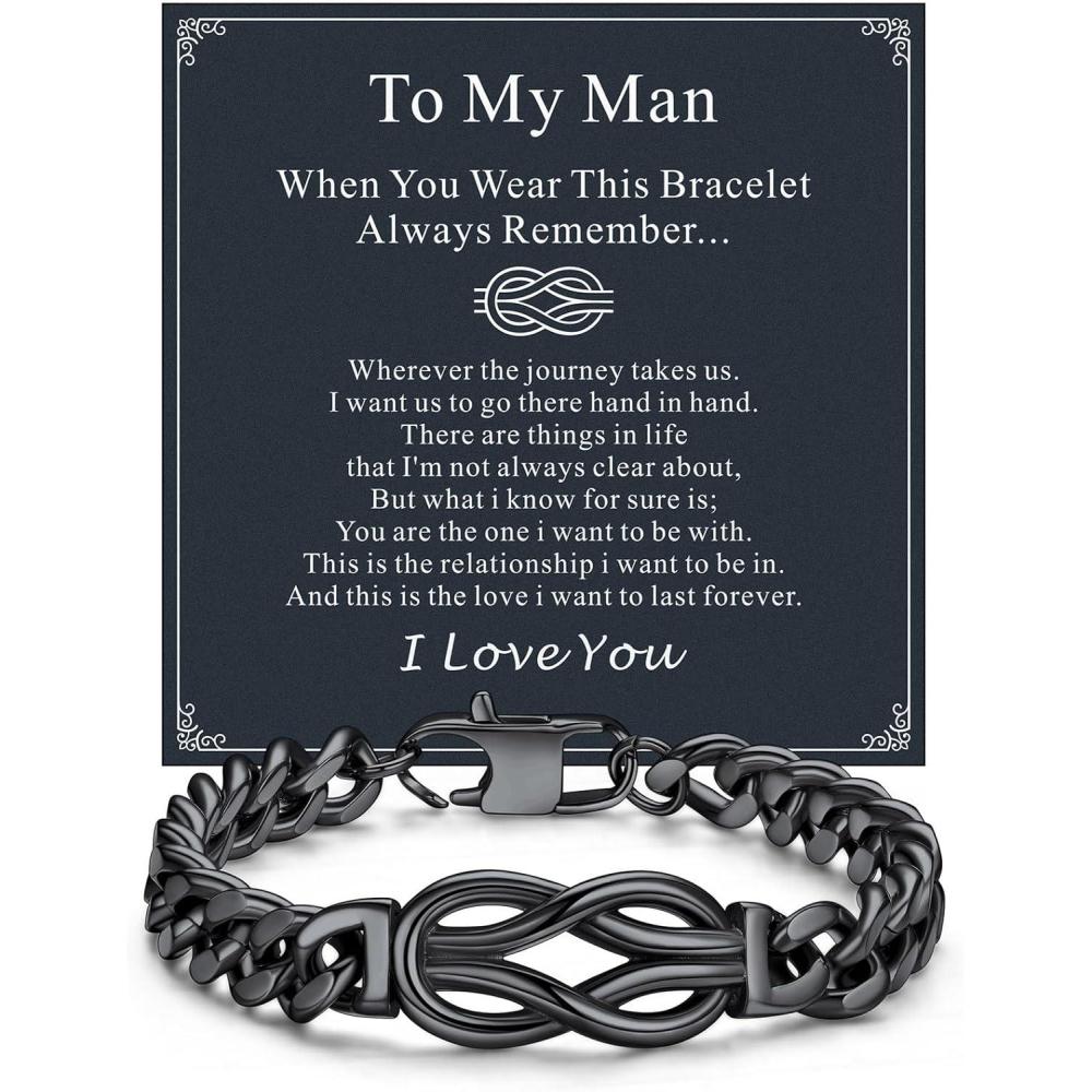 imageChainsHouse Square Love Knot Bracelets for Men Braided Leather Stainless Steel Infinity Bracelets with Love Message Card Aniversary Birthday Gift for MenLoveHusbandDad16To My ManBlack