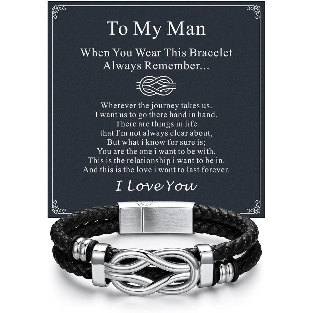 imageChainsHouse Square Love Knot Bracelets for Men Braided Leather Stainless Steel Infinity Bracelets with Love Message Card Aniversary Birthday Gift for MenLoveHusbandDad02To My ManBraided
