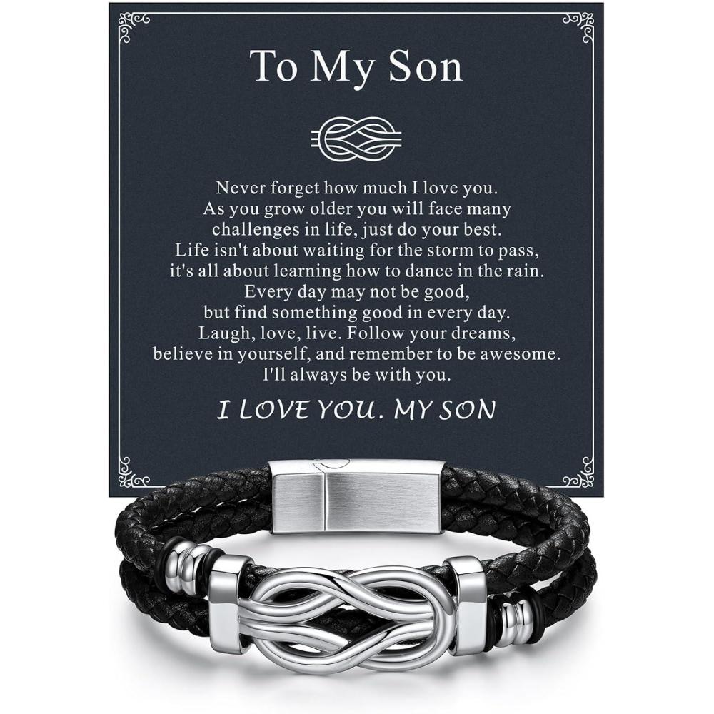 imageChainsHouse Square Love Knot Bracelets for Men Braided Leather Stainless Steel Infinity Bracelets with Love Message Card Aniversary Birthday Gift for MenLoveHusbandDad04To My SonBraided