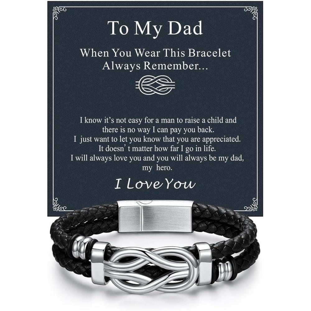 imageChainsHouse Square Love Knot Bracelets for Men Braided Leather Stainless Steel Infinity Bracelets with Love Message Card Aniversary Birthday Gift for MenLoveHusbandDad07To My DadBraided