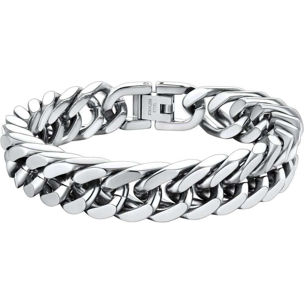 imageChainsHouse Stainless Steel Cuban Link Bracelet 8mm12mm17mm Width 75quot83quot9quot 18K Gold Plated Chain Wrist Bracelets for Men Women Send Gift BoxB Steel12mm width