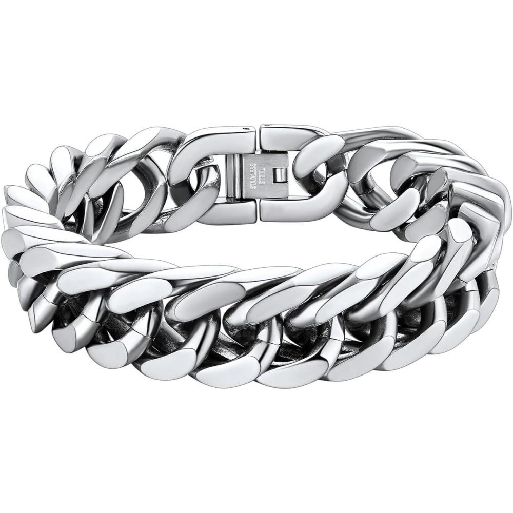 imageChainsHouse Stainless Steel Cuban Link Bracelet 8mm12mm17mm Width 75quot83quot9quot 18K Gold Plated Chain Wrist Bracelets for Men Women Send Gift BoxC Steel17mm width