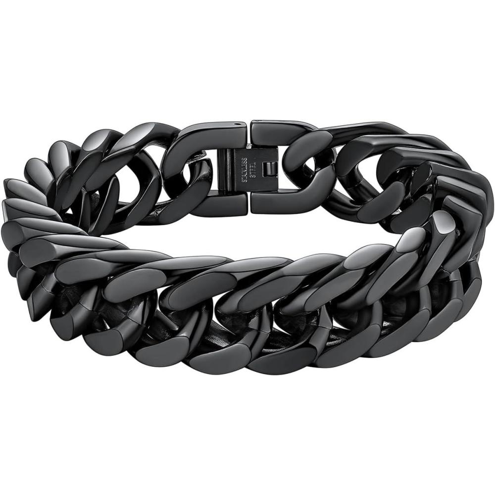 imageChainsHouse Stainless Steel Cuban Link Bracelet 8mm12mm17mm Width 75quot83quot9quot 18K Gold Plated Chain Wrist Bracelets for Men Women Send Gift BoxF Black17mm width