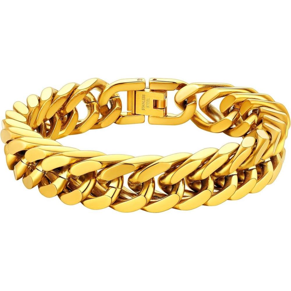 imageChainsHouse Stainless Steel Cuban Link Bracelet 8mm12mm17mm Width 75quot83quot9quot 18K Gold Plated Chain Wrist Bracelets for Men Women Send Gift BoxH Gold12mm width