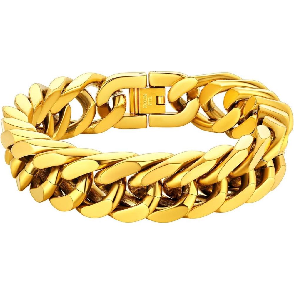 imageChainsHouse Stainless Steel Cuban Link Bracelet 8mm12mm17mm Width 75quot83quot9quot 18K Gold Plated Chain Wrist Bracelets for Men Women Send Gift BoxI Gold17mm width