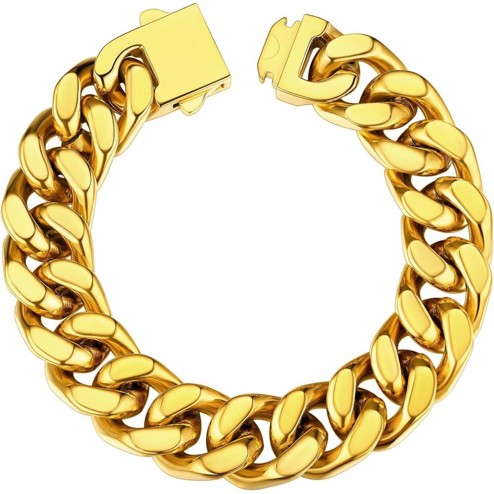 imageChainsHouse Stainless Steel Cuban Link Bracelet for Men 5mm7mm9mm12mm Width 75quot83quot9quot Length Black18K Gold Plated Chain Wrist Bracelets for Men with Gift Boxd 14mm widthgold