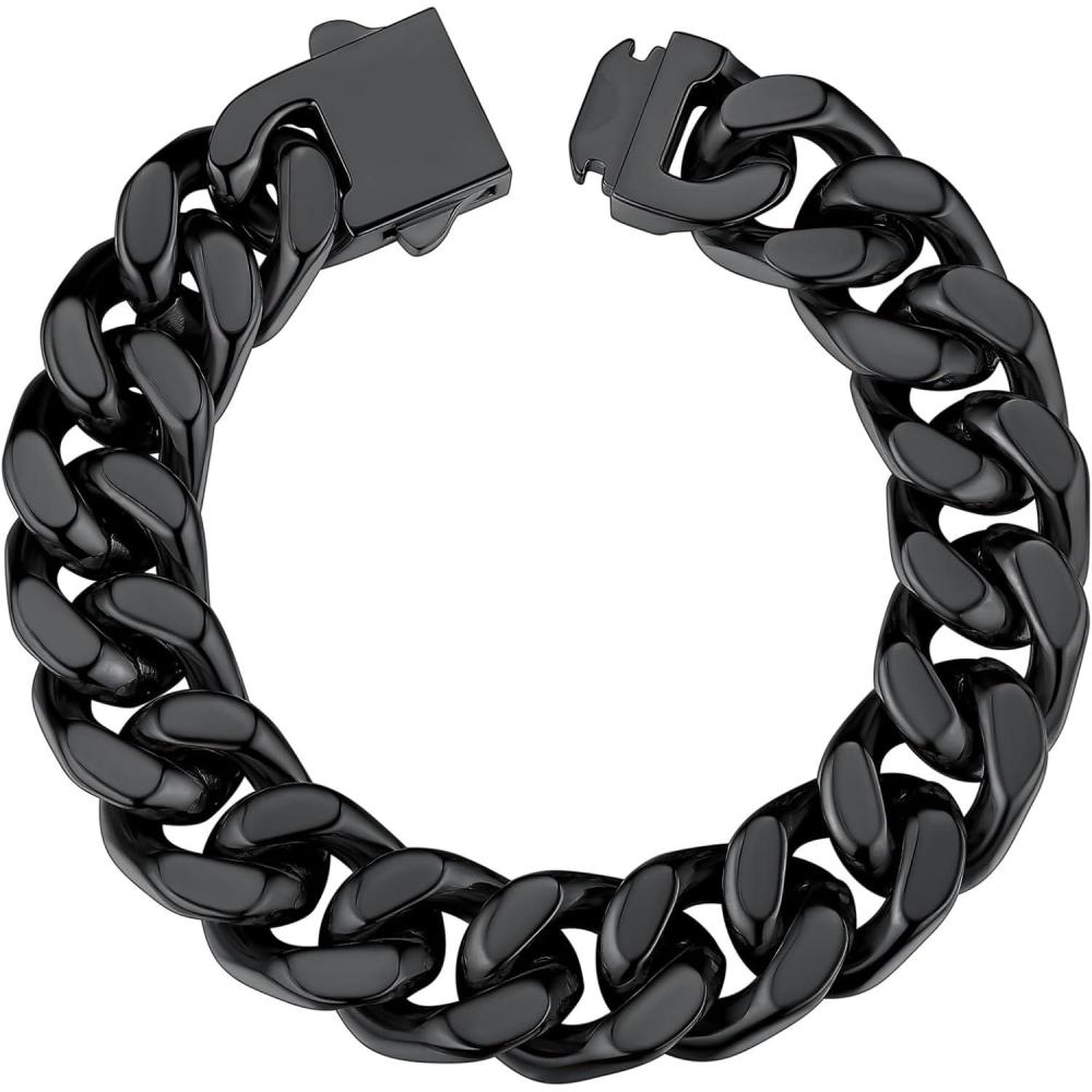 imageChainsHouse Stainless Steel Cuban Link Bracelet for Men 5mm7mm9mm12mm Width 75quot83quot9quot Length Black18K Gold Plated Chain Wrist Bracelets for Men with Gift Boxf 14mm widthblack