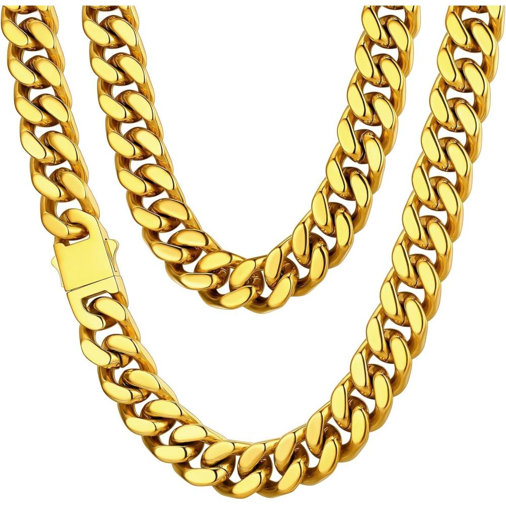 imageChainsHouse Stainless Steel Mens Cuban Link Chain Black 18K Gold Plated Miami Cuban Chain Necklace 5mm7mm9mm12mm14mm Width No Tarnishampamp Durable Hip Hop Mens Jewelry 18quot30quot Send Gift Boxf 14mm widthgold