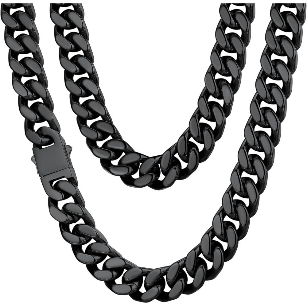 imageChainsHouse Stainless Steel Mens Cuban Link Chain Black 18K Gold Plated Miami Cuban Chain Necklace 5mm7mm9mm12mm14mm Width No Tarnishampamp Durable Hip Hop Mens Jewelry 18quot30quot Send Gift Boxd 14mm widthblack
