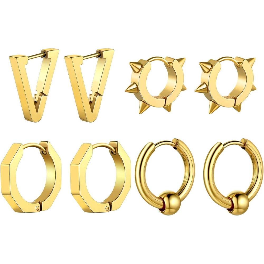 imageChainsHouse Stud Earrings for Men Women316L Stainless Steel14K GoldBlack Plated Metal Punk Hypoallergenic Surgical Huggie Hoop Earrings Mens Jewelry Piercing Hoop EarringsF GoldDifferent Disign4 Pairs